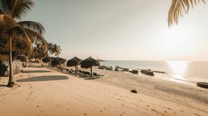 A Perfect Beach Day: Palm Trees, White Umbrellas, and Crystal-Clear Water, AI Generative
