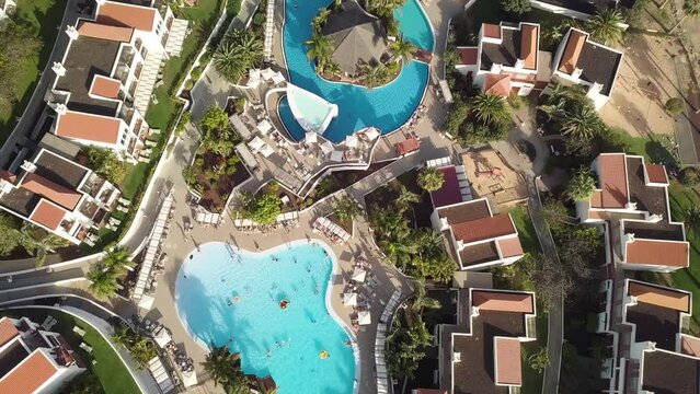 aerial top down of swimming pool in beach resort canary island spain 