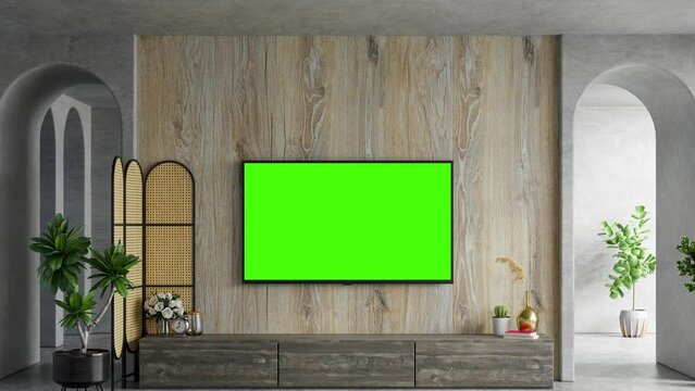Mockup of a green screen modern television in the middle of an apartment interior living room, no people
