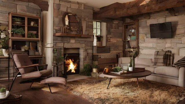 Render of modern cozy living room inside a cabin interior, no people background still shot