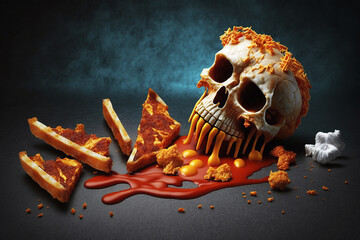 Illustration with greasy food and skull representing harmful eating. Generative AI.