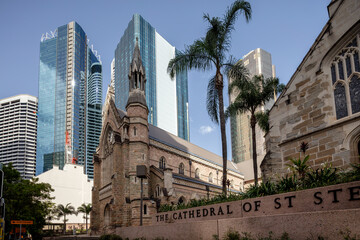 Exterior view of St Stephens Cathedral on Elizabeth Street in Brisbane, QLD, Australia