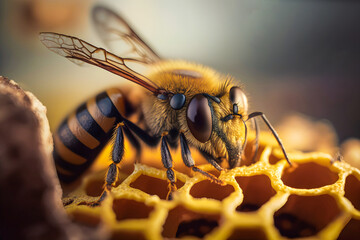 Close up of Honeybee Resting on Honeycomb, Macro bee sitting on beehive, generative ai