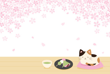 spring vector background with cherry blossoms, a cat sleeping on Engawa and Japanese sweets for banners, cards, flyers, social media wallpapers, etc.