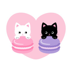 vector background with a black cat, white cat, macarons and heart for banners, cards, flyers, social media wallpapers, etc.