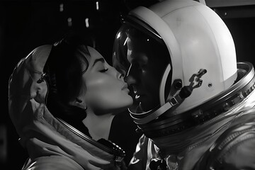 black and white photograph 1960 cinematic lighting astronaut in spacesuit kissing woman. generative AI  - obrazy, fototapety, plakaty