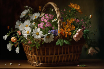 Fototapeta na wymiar basket of flowers on a wooden table Generative AI
