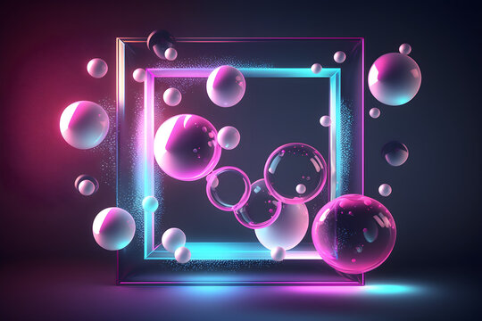 3d render, abstract pink blue neon background with square frame and glass balls. Glowing geometric rhombus shape and clear bubbles