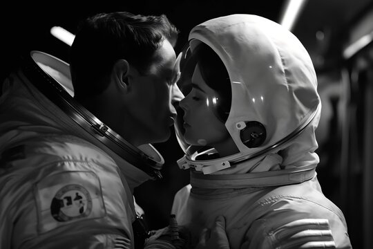 black and white photograph 1960 cinematic lighting astronaut in spacesuit kissing woman. generative AI 