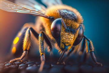 Close up of honey bee face on blurred background, generative ai