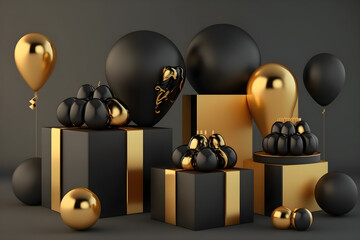 Interior scene with black and gold gift boxes and balloons. Realistic glossy 3d objects for birthday party or promo posters or banner