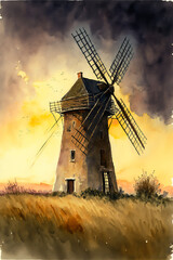 Plakat old windmill standing tall against a sunset Generative AI