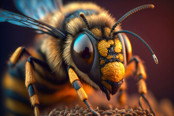 Outdoor Close up of honey bee face on blurred background, Macro Bee sitting on apiary, generative ai