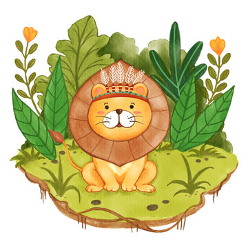 Indians tribal lion wearing feather headdress in forest . Realistic watercolor paint with paper textured . Cartoon character design . Vector .