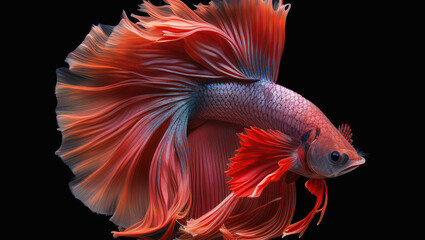 Fototapeta premium 8k, realistic photo, high detailed, macro view, beautiful betta fish underwater photography isolated on black background. Generative ai