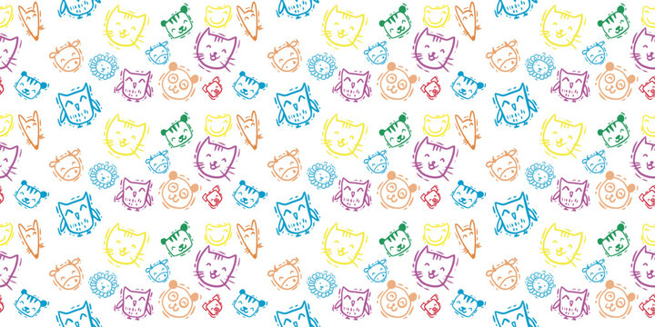 seamless pattern little animal head, cute color, colorful, children pattern