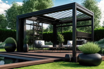 Modern black bio climatic pergola with top view on an outdoor patio. Teak wood flooring, a pool, and lounge chairs. green grass and trees in a garden, generative AI - obrazy, fototapety, plakaty