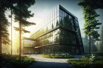 Naklejka na ściany i meble Sustainability in urban construction nowadays. Heat and carbon dioxide emissions can be reduced by both the glass structure's insulation and the surrounding forest. generative AI