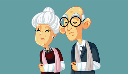 Unhappy Injured Senior Couple Suffering Arm Fracture Vector Illustration. Elderly grandparents feeling hurt after an accident wearing a cast 
