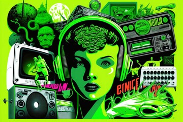 Neon Green Alien Collage Pop Culture Invasion UFO Spaceship Generative AI