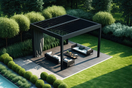 Modern black bio climatic pergola with top view on an outdoor patio. Teak wood flooring, a pool, and lounge chairs. green grass and trees in a garden, generative AI