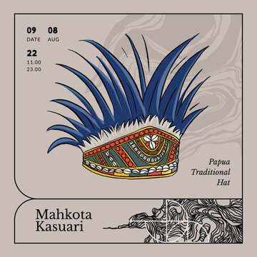 mahkota kasuari traditional hat from papua indonesia festival poster handrawn illustration design inspiration