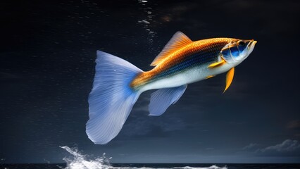 Beautiful Fish swimming in dark water. Isolated on black background, VFX shot. AI Generated.