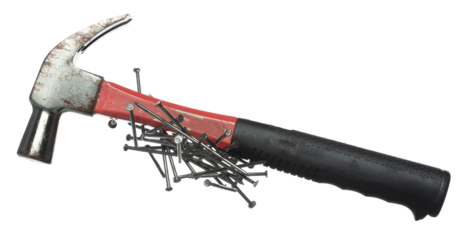 Long Nail fly floating in mid air. Many group new long nails metal fall as construction tools. Abstract long nails explode unbox with Hammer. White background isolated high speed shutter freeze motion