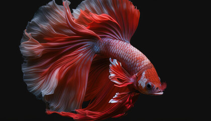 Fototapeta premium 8k, realistic photo, high detailed, macro view, beautiful betta fish underwater photography isolated on black background. Generative ai