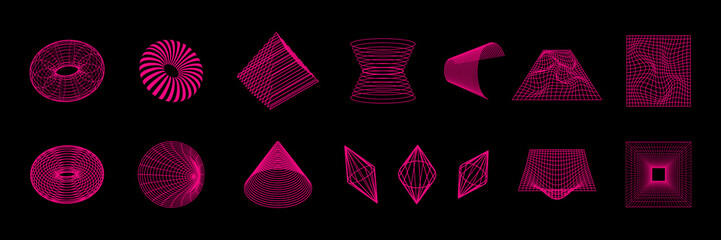 Set of abstract geometric shapes or trendy geometric shapes inspired brutalism. Flat vector illustration with 3d wireframe models. Concept psychedelic techno style.