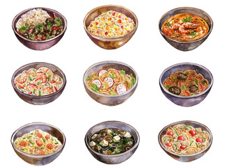watercolor drawing bowls with rice, noodles and soups, plates of asian food isolated at white background, hand drawn illustration