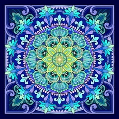 mandala in the shape of a flower with a mix of colors, blue, green and yellow