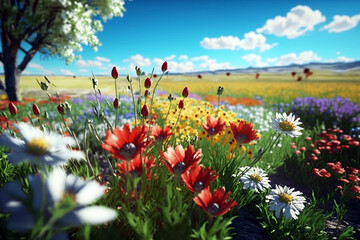 Beautiful spring field full of nice flowers while sunny day with beautiful blue sky on the background. Generative ai illustration