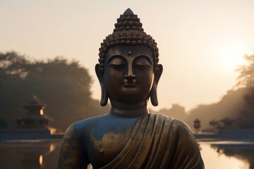 A statue of buddha in a park with the sun setting behind it. Generative Art.