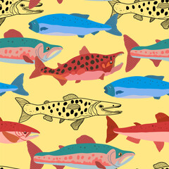 Seamless pattern with doodle salmon fish in modern original trendy style. Colorful vivid print for design. Vector hand drawn illustration.