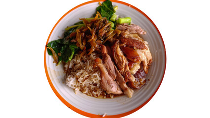 Thai food Stewed pork leg on rice on white table top view on a transparent background
