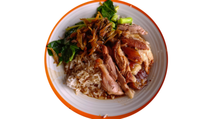 Thai food Stewed pork leg on rice on white table top view on a transparent background