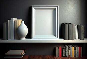 Empty frame on a shelf among books. Template for Design. AI generated. Mock Up.