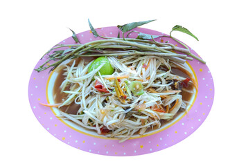 Papaya salad, Thai traditional food. It is mainly made from sliced papaya mixed with spices on a transparent background