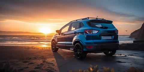 Zelfklevend Fotobehang Compact SUV car and modern design on concrete road at the sea of beautiful sunset background , Front view of luxury new SUV car , Generate Ai © Atchariya63