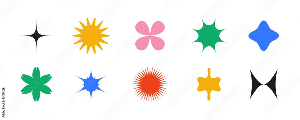 Poster geometric primitive shapes collection. abstract stars and flowers forms set in swiss or bauhaus styl