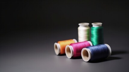 Multi-colored spools and needles with vast on dark background. Generative AI.