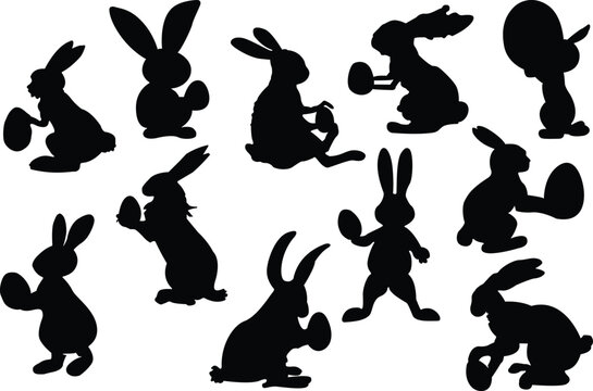 Easter bunny holding an egg vector illustrations set. Set of Easter bunny silhouettes.