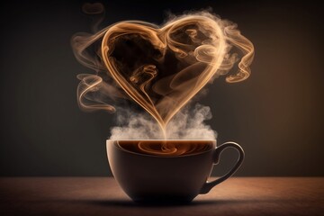 hot cup of coffee, heart smoke, love for coffee, generative AI, passion, addiction, aroma, flavor, roast, grind, brew, cup, mug