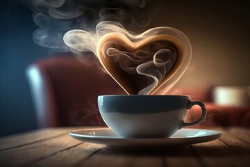 hot cup of coffee, heart smoke, love for coffee, generative AI, passion, addiction, aroma, flavor, roast, grind, brew, cup, mug
