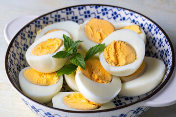 Boiled sliced egg, food photo