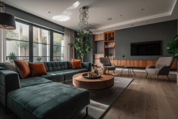 A Modern living room in earth colors, green sectional sofa in a trendy living room, generative ai
