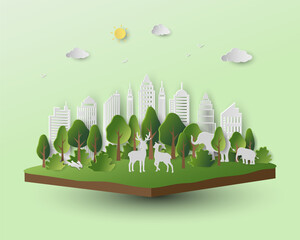World environment day concept with paper art eco city and animals wildlife on isometric landscape