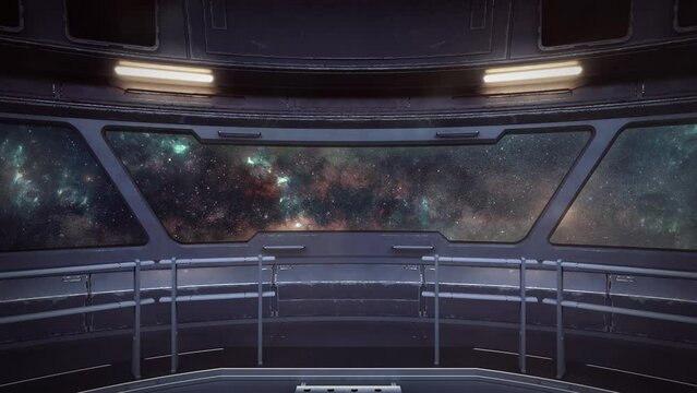 View From Main Deck Of Spaceship As It Flies Through Colorful Cosmos In Outer Space