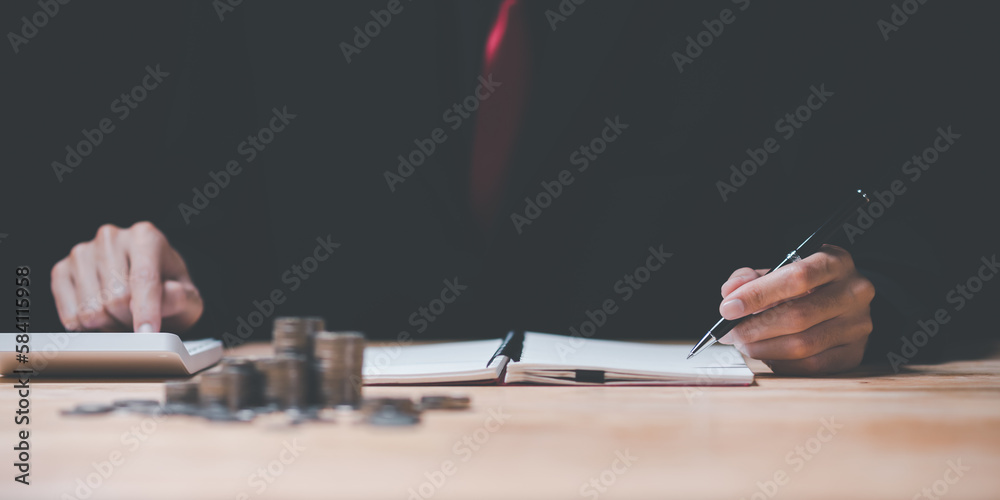 Poster Accountant calculating numbers in company financial documents with calculator ,Planning to assess and review the budget ,concept of finance and investment ,financial responsibilities